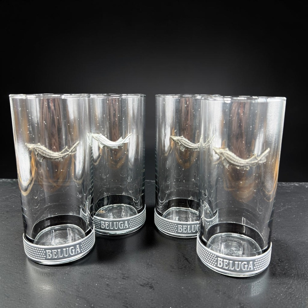 Beluga Noble Russian Vodka Highball Glasses Set of 4 Sturgeon Fish Emblem 5"